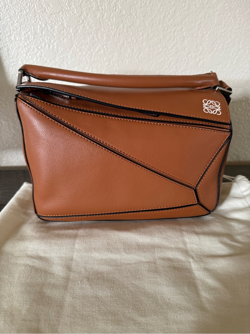 Loewe Cognac Puzzle Small Leather Shoulder Bag (Silver Hardware)